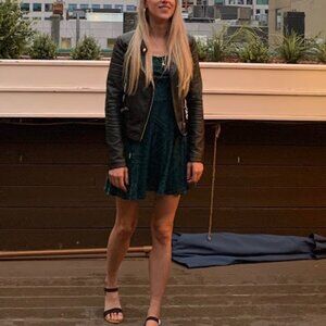 Dark Green Velvet & Floral Print Spaghetti Strap Mini Dress